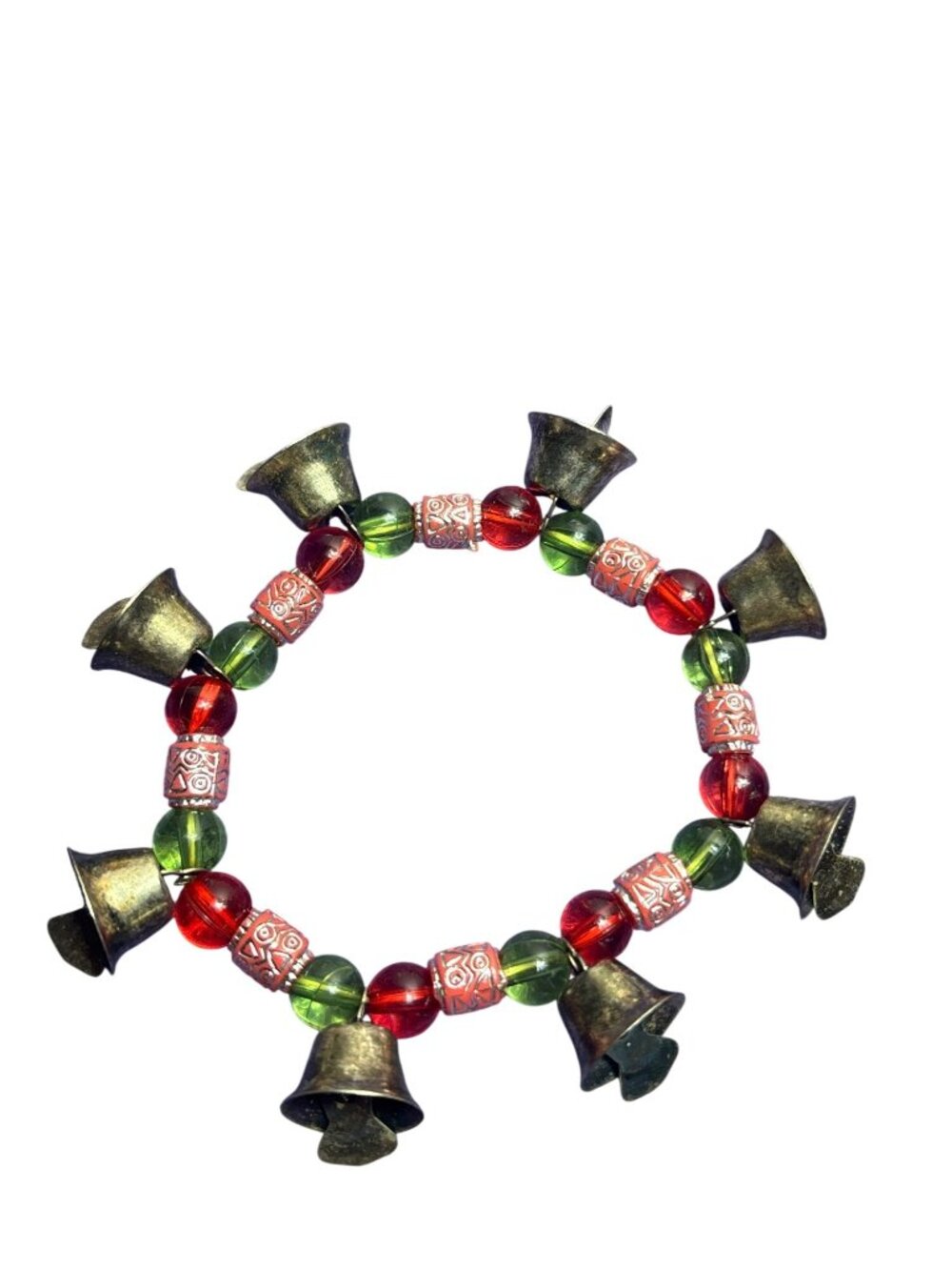 Red Green Plastic Beaded Stretchy Bracelet Silvertone Bell Charms Christmas